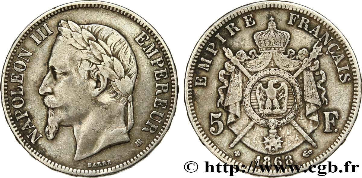 5 francs Napoléon III, tête laurée 1868 Strasbourg F.331/13 VF20 