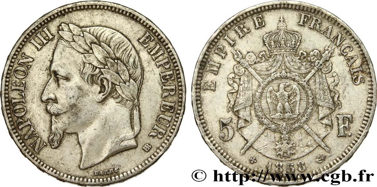 5 francs Napoléon III, tête laurée 1868 Strasbourg F.331/13 MBC45 