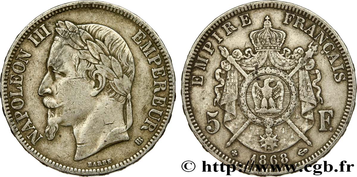 5 francs Napoléon III, tête laurée 1868 Strasbourg F.331/13 MB30 