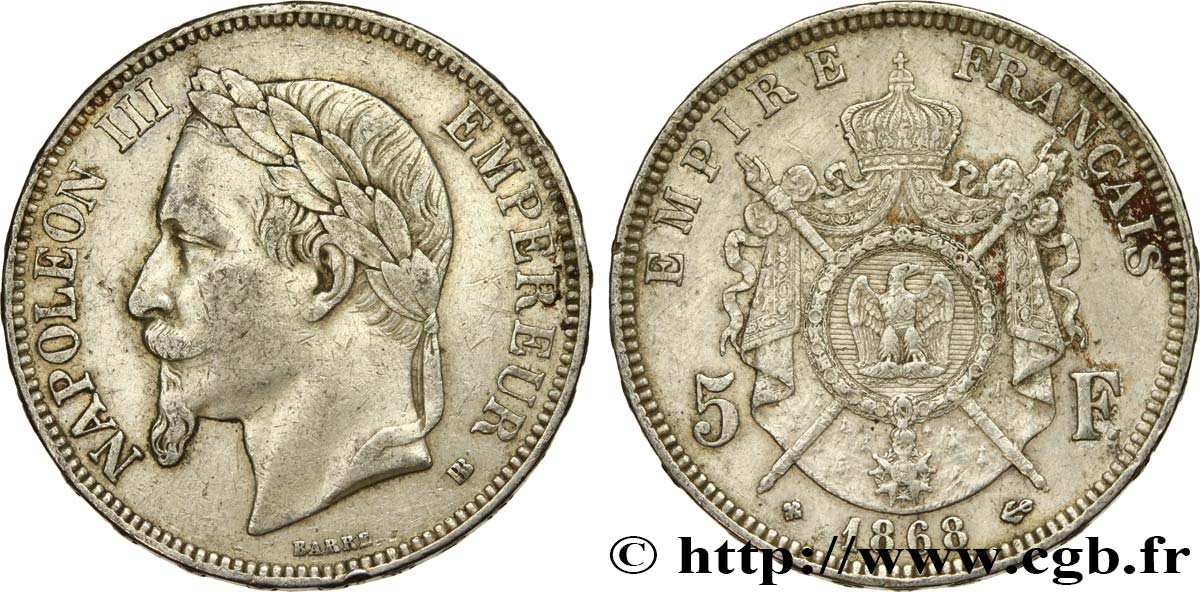 5 francs Napoléon III, tête laurée 1868 Strasbourg F.331/13 TTB40 
