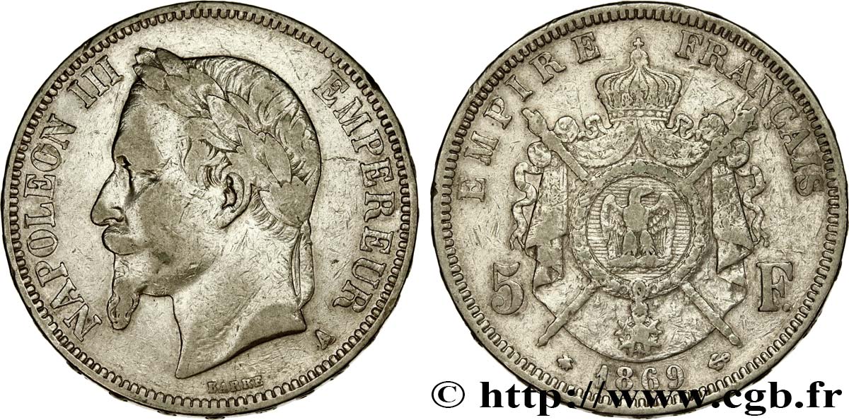 5 francs Napoléon III, tête laurée 1869 Paris F.331/14 VF 