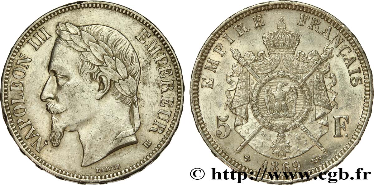 5 francs Napoléon III, tête laurée 1869 Strasbourg F.331/15 TTB48 