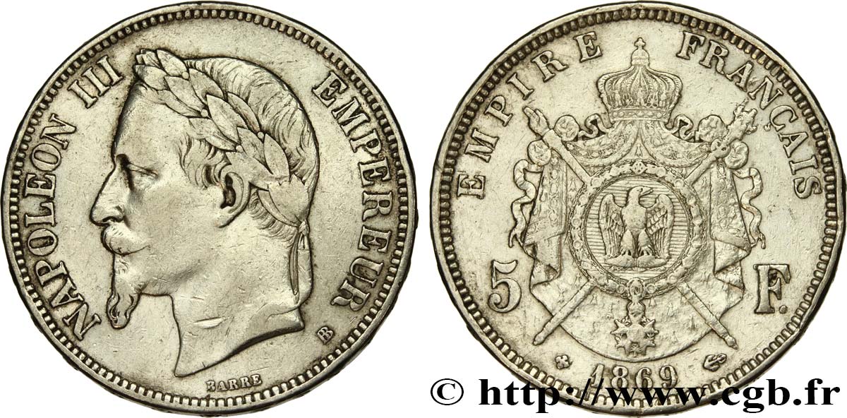 5 francs Napoléon III, tête laurée 1869 Strasbourg F.331/15 TB 