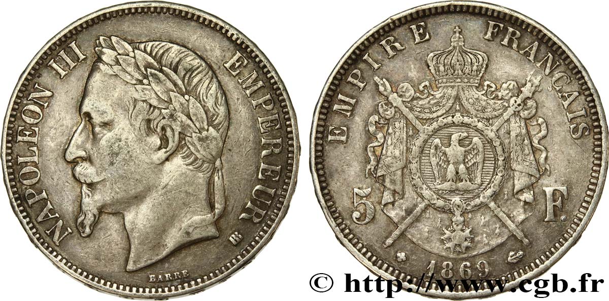 5 francs Napoléon III, tête laurée 1869 Strasbourg F.331/15 MBC40 