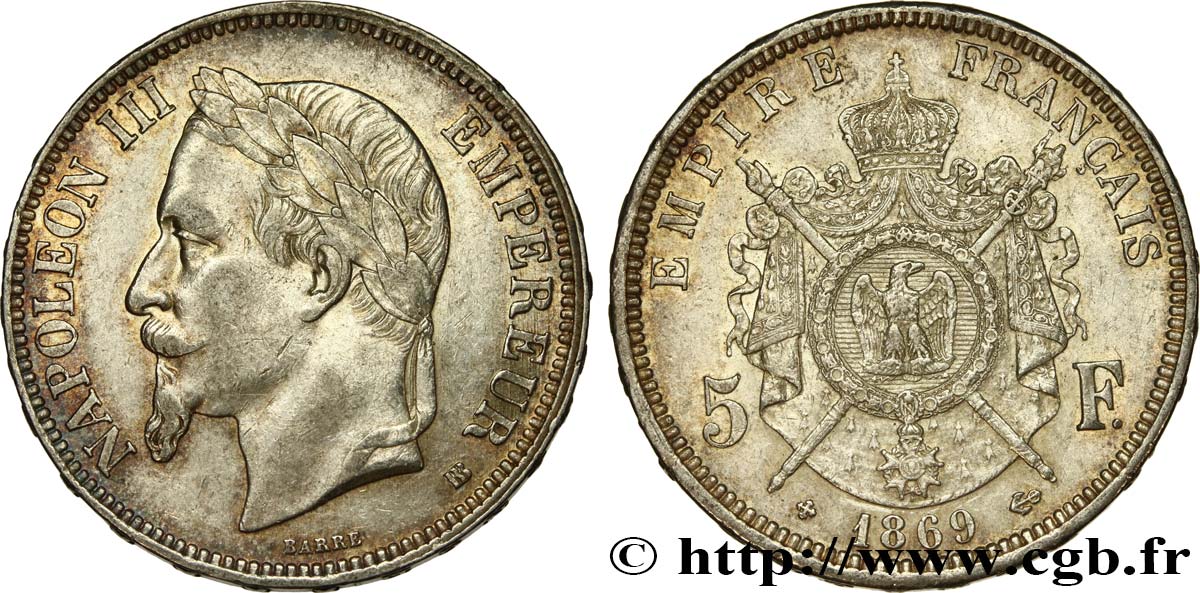5 francs Napoléon III, tête laurée 1869 Strasbourg F.331/15 AU 