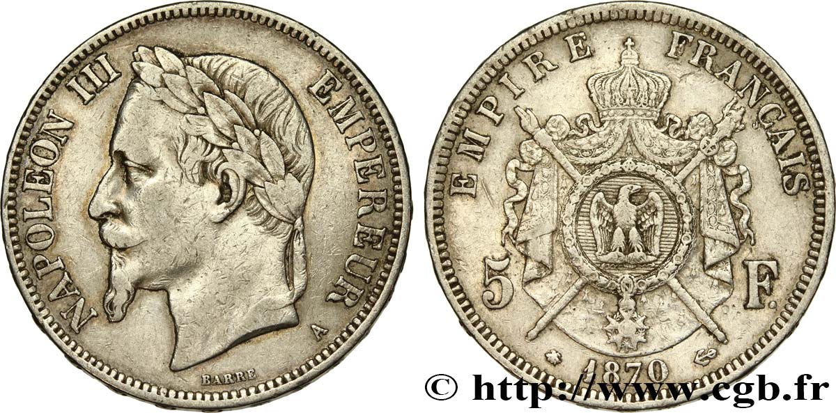 5 francs Napoléon III, tête laurée 1870 Paris F.331/16 TB35 