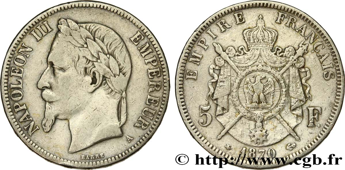 5 francs Napoléon III, tête laurée 1870 Paris F.331/16 BC 