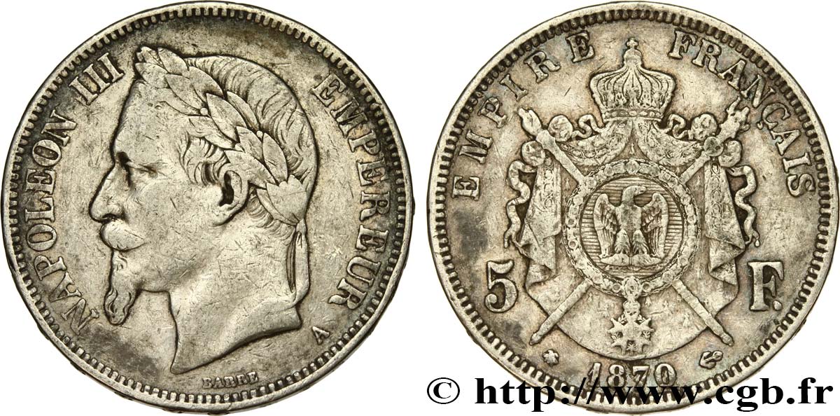 5 francs Napoléon III, tête laurée 1870 Paris F.331/16 TB25 