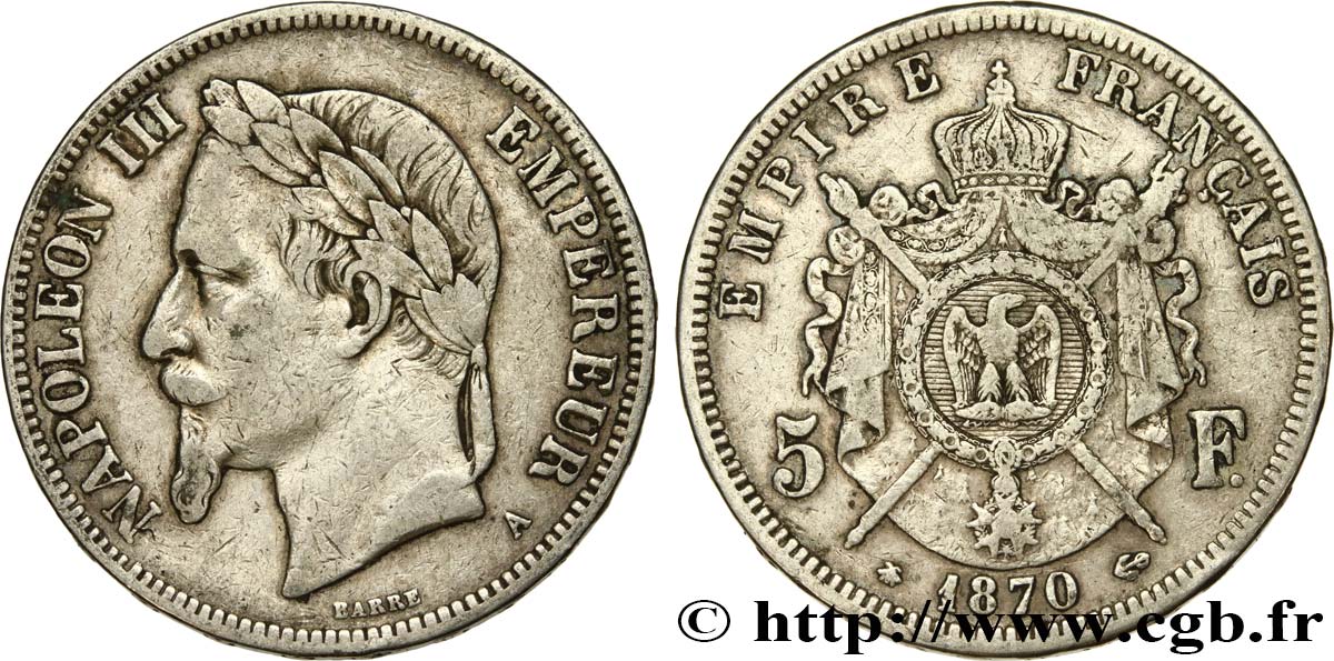 5 francs Napoléon III, tête laurée 1870 Paris F.331/16 BC25 