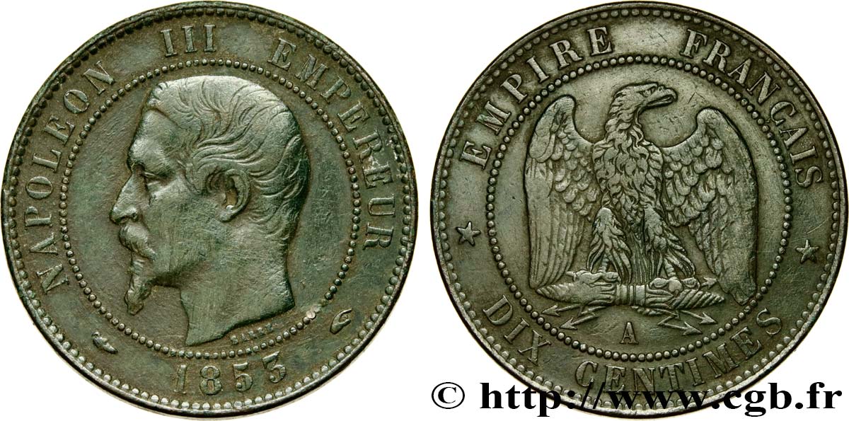 Dix centimes Napoléon III, tête nue 1853 Paris F.133/2 TB+ 