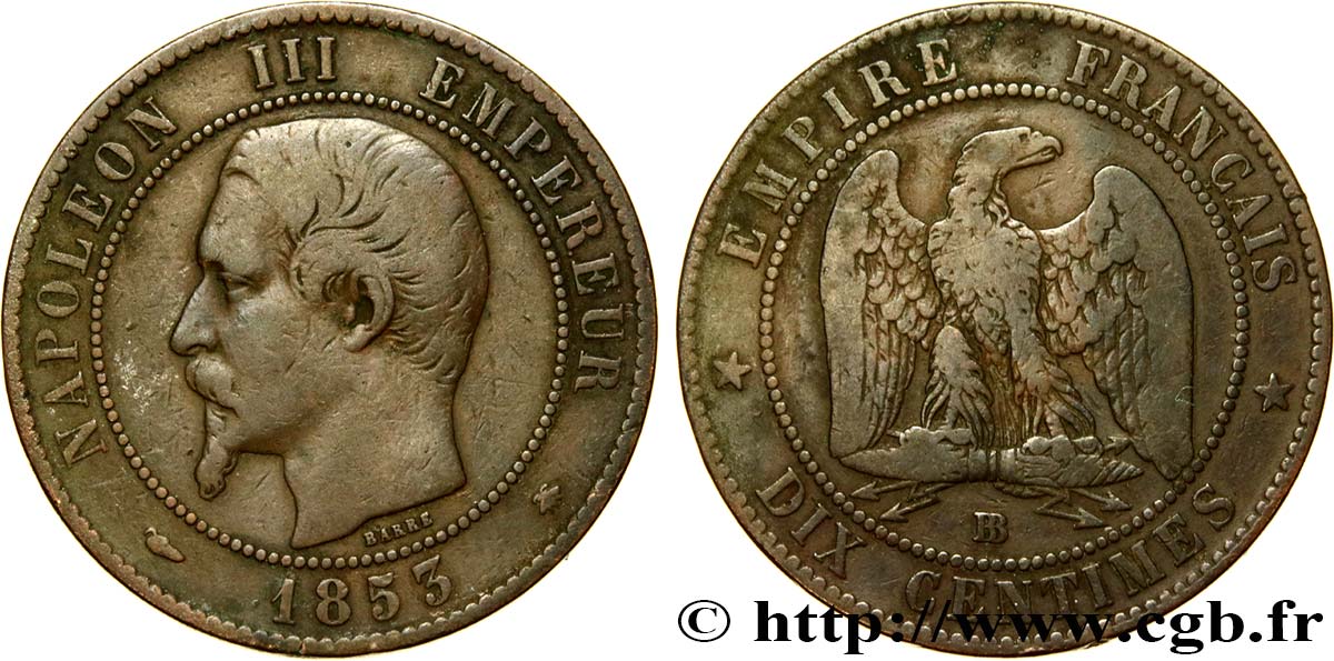 Dix centimes Napoléon III, tête nue 1853 Strasbourg F.133/4 VF30 