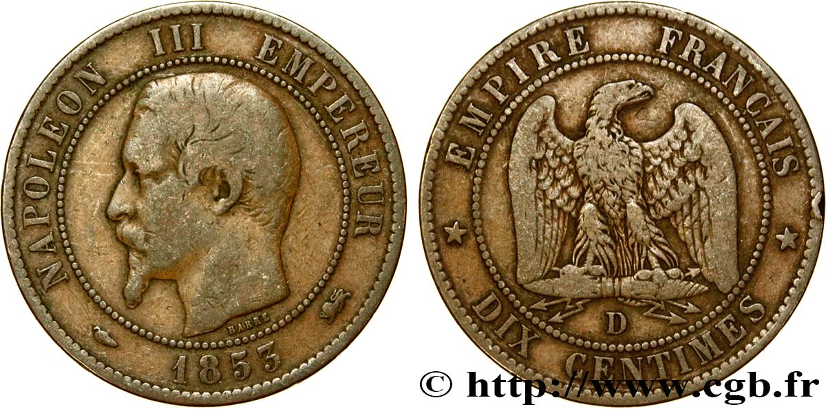 Dix centimes Napoléon III, tête nue 1853 Lyon F.133/5 MB25 