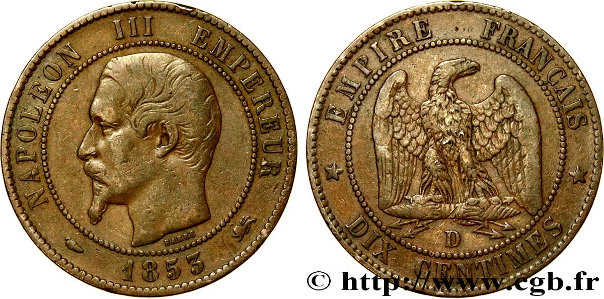 Dix centimes Napoléon III, tête nue 1853 Lyon F.133/5 TB35 