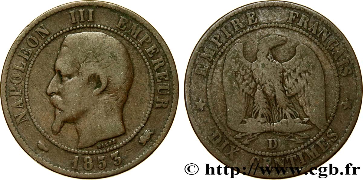 Dix centimes Napoléon III, tête nue 1853 Lyon F.133/5 VF20 