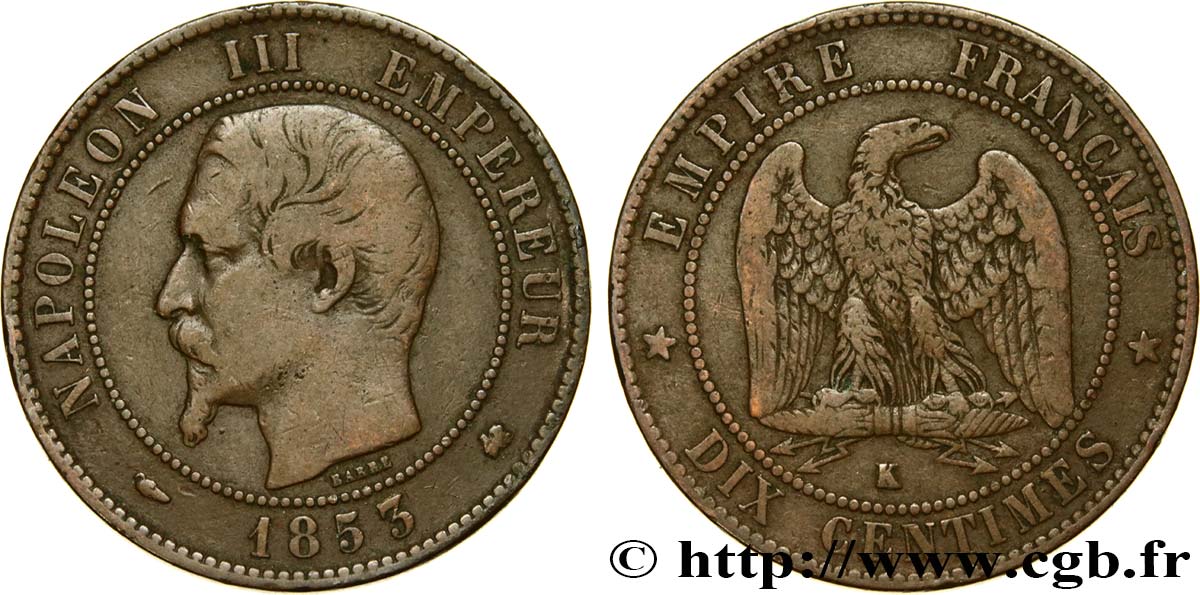 Dix centimes Napoléon III, tête nue 1853 Bordeaux F.133/7 VF25 