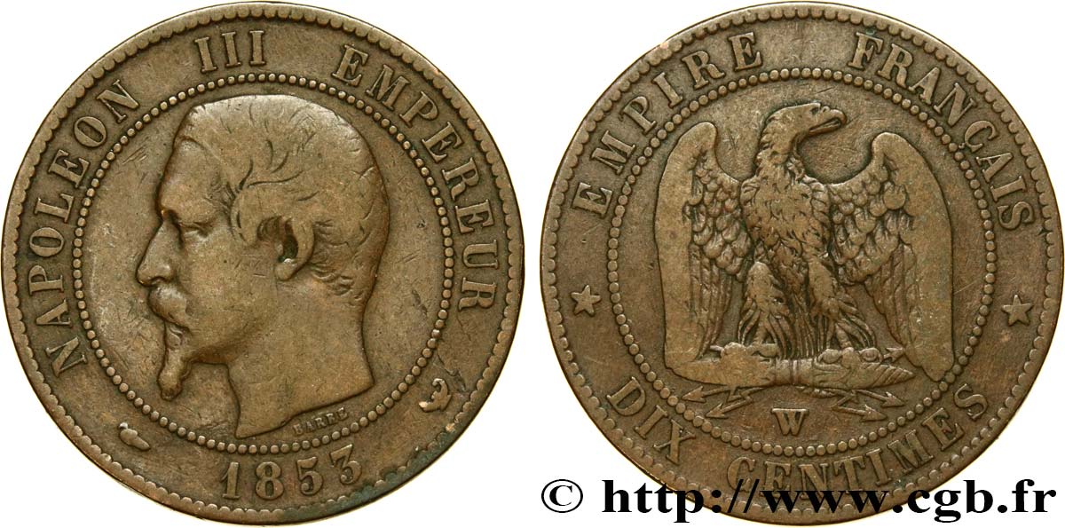 Dix centimes Napoléon III, tête nue 1853 Lille F.133/10 VF25 