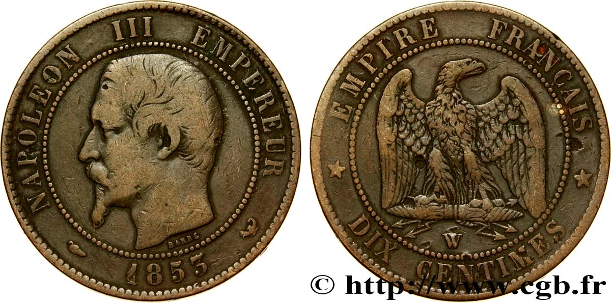 Dix centimes Napoléon III, tête nue 1853 Lille F.133/10 BC25 