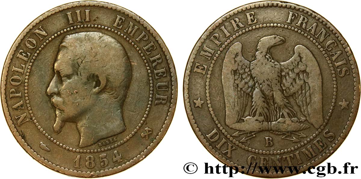 Dix centimes Napoléon III, tête nue 1854 Rouen F.133/12 VF20 