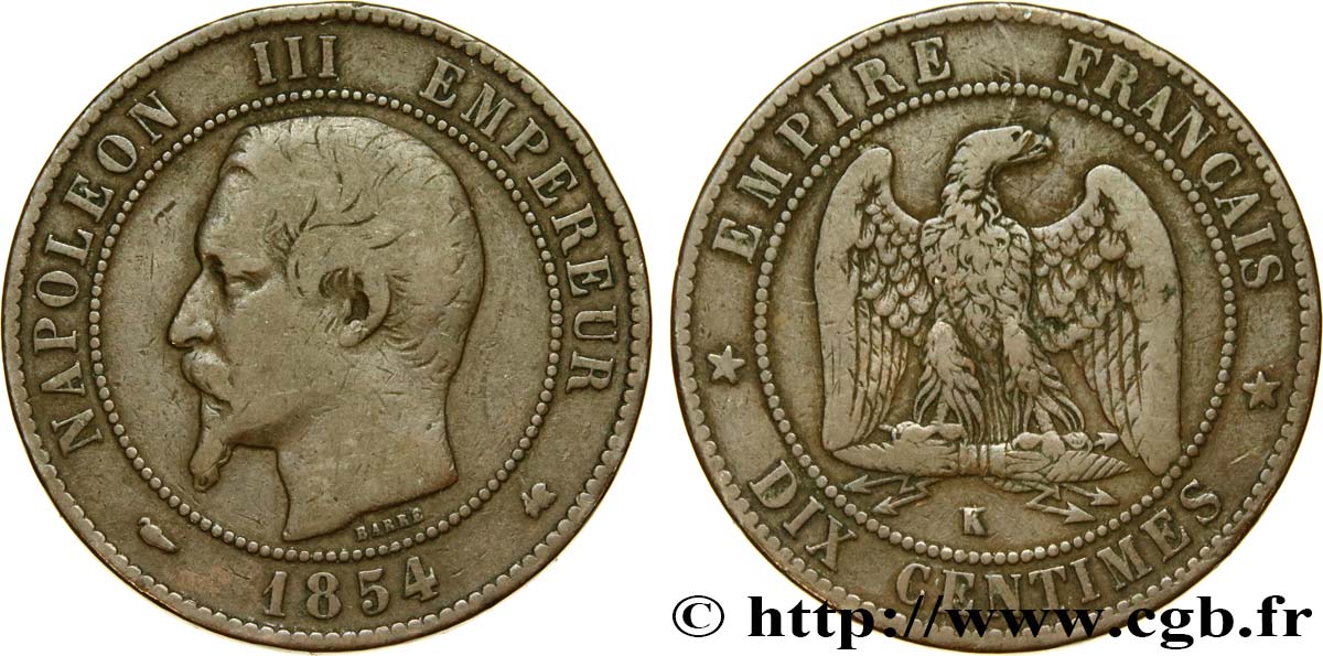 Dix centimes Napoléon III, tête nue 1854 Bordeaux F.133/16 BC25 