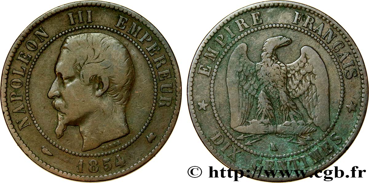 Dix centimes Napoléon III, tête nue 1854 Bordeaux F.133/16 BC20 