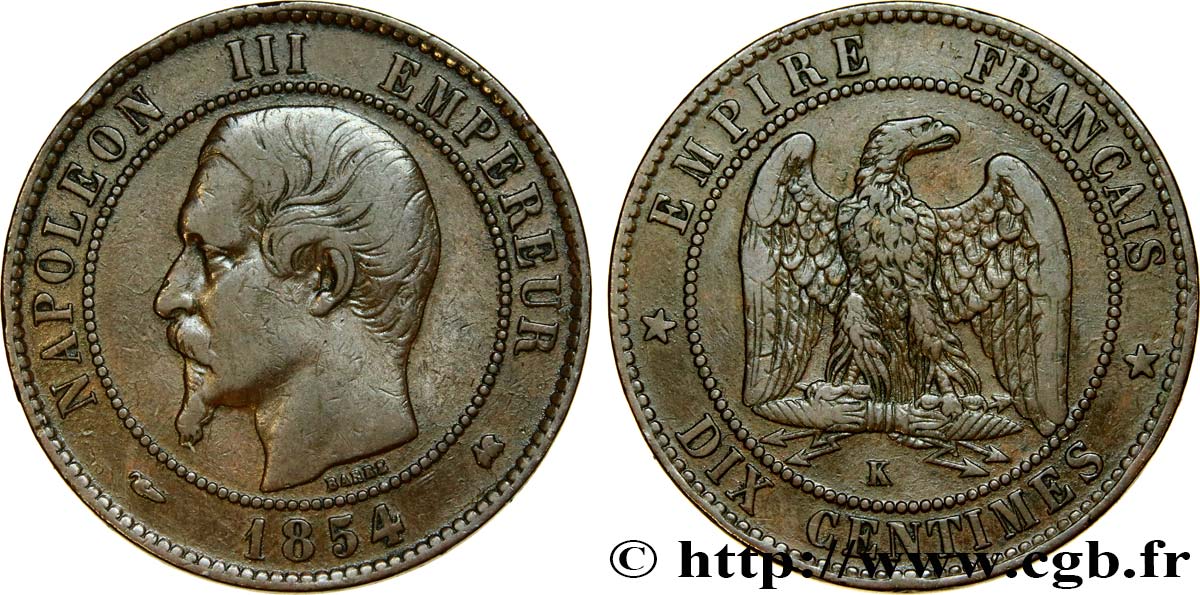 Dix centimes Napoléon III, tête nue 1854 Bordeaux F.133/16 S35 