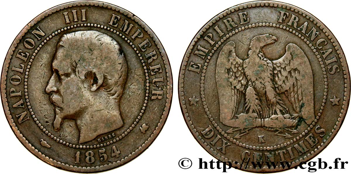 Dix centimes Napoléon III, tête nue 1854 Bordeaux F.133/16 TB20 