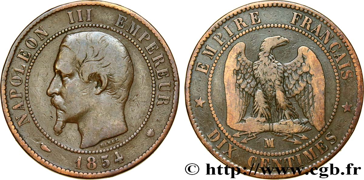 Dix centimes Napoléon III, tête nue 1854 Marseille F.133/17 BC25 
