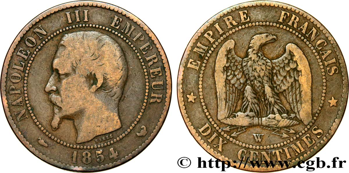 Dix centimes Napoléon III, tête nue 1854 Lille F.133/18 BC20 