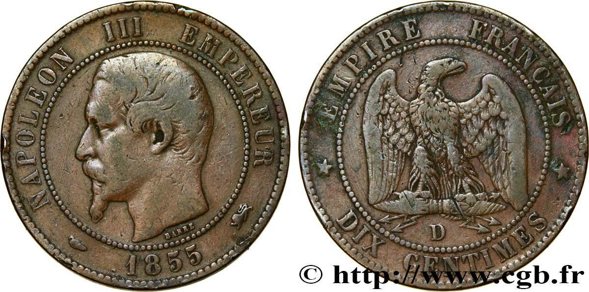 Dix centimes Napoléon III, tête nue 1855 Lyon F.133/25 BC25 