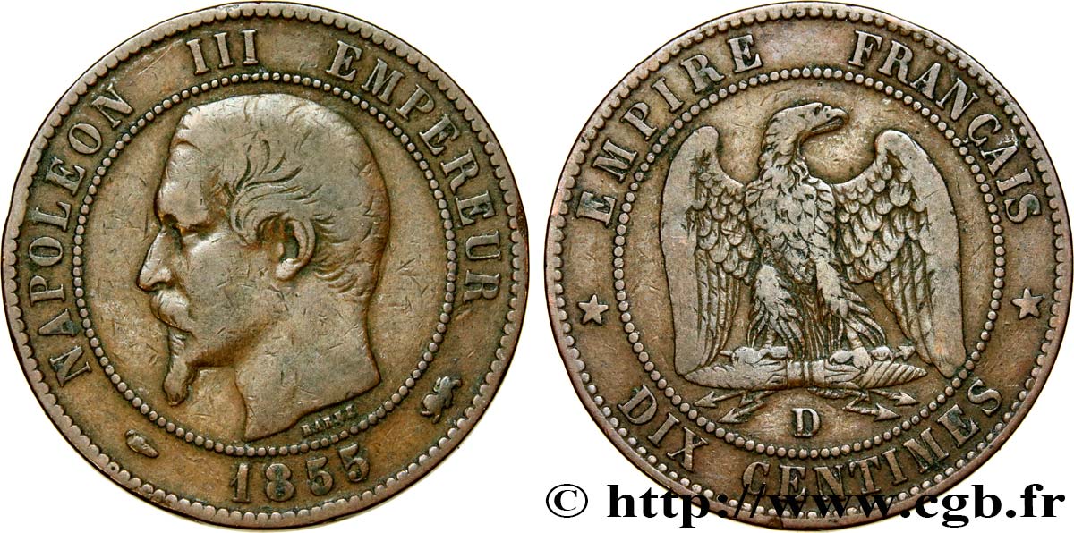 Dix centimes Napoléon III, tête nue 1855 Lyon F.133/25 TB25 
