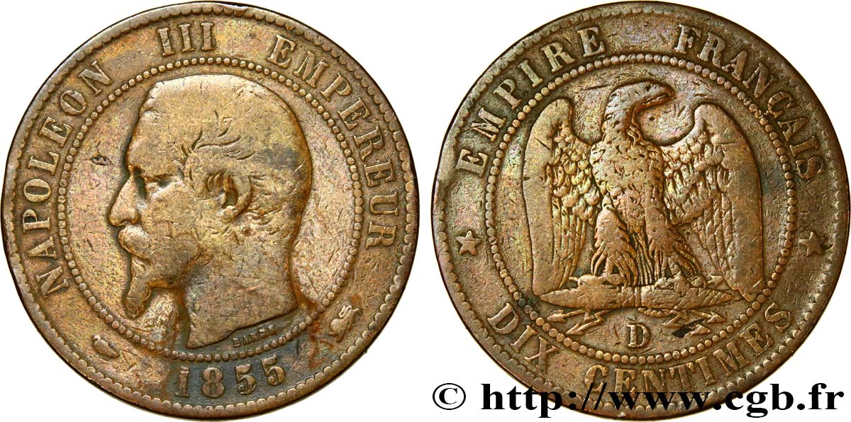 Dix centimes Napoléon III, tête nue 1855 Lyon F.133/25 F15 