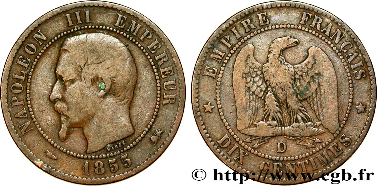 Dix centimes Napoléon III, tête nue 1855 Lyon F.133/25 F15 