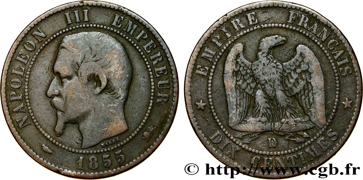 Dix centimes Napoléon III, tête nue 1855 Lyon F.133/25 TB15 