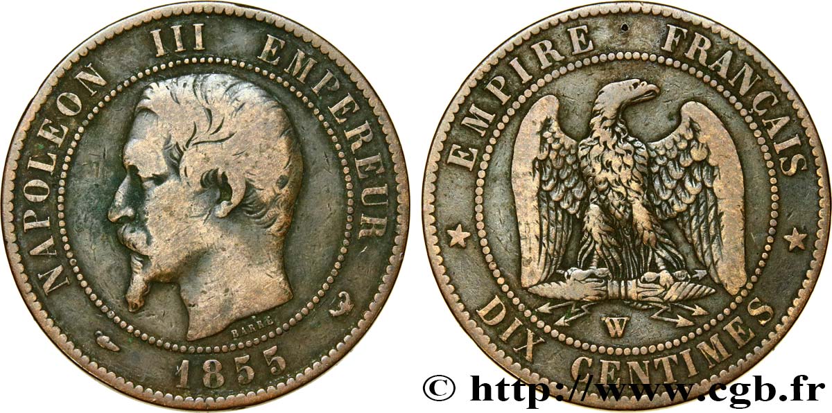Dix centimes Napoléon III, tête nue 1855 Lille F.133/32 TB20 