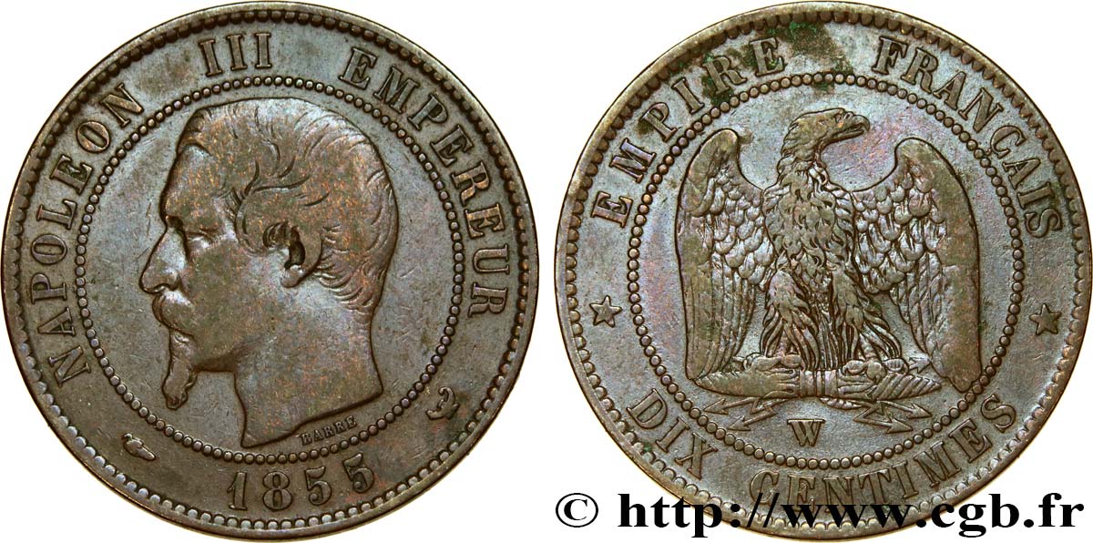 Dix centimes Napoléon III, tête nue 1855 Lille F.133/32 TB30 