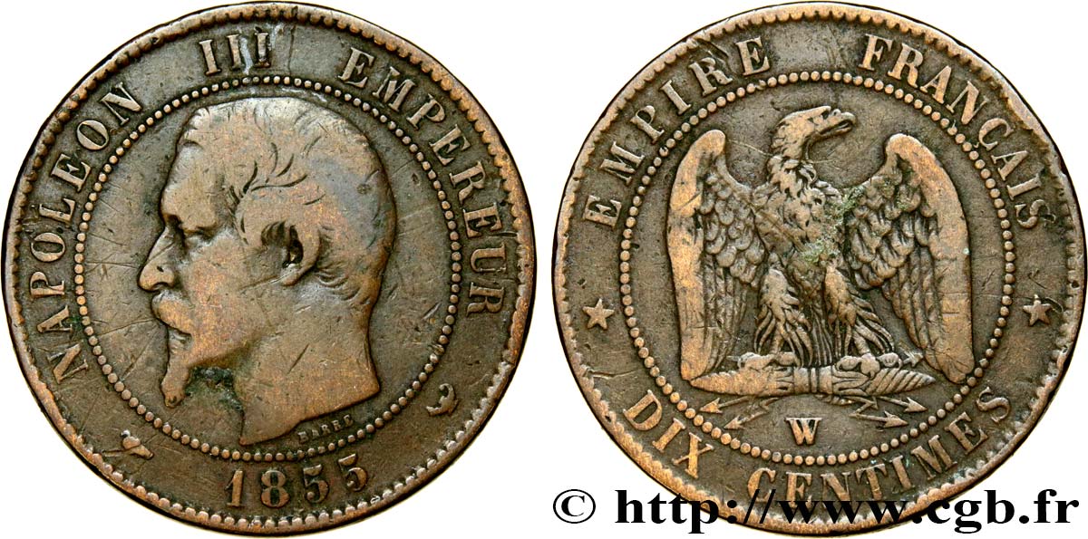 Dix centimes Napoléon III, tête nue 1855 Lille F.133/32 F 