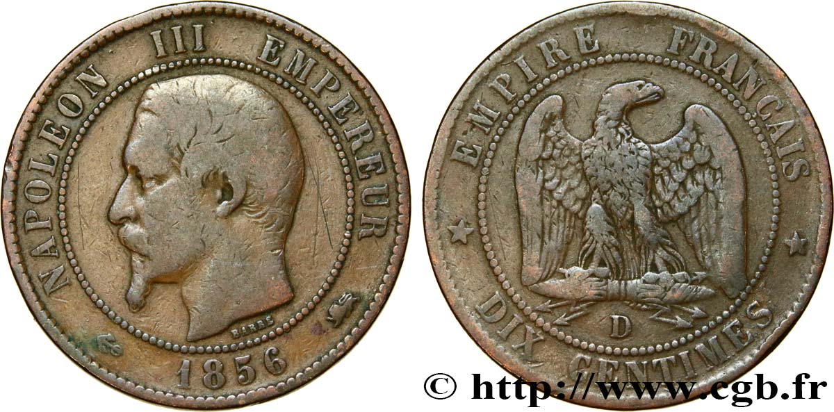 Dix centimes Napoléon III, tête nue 1856 Lyon F.133/37 VF20 