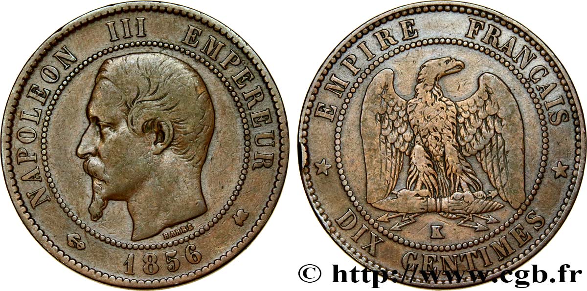 Dix centimes Napoléon III, tête nue 1856 Bordeaux F.133/38 VF20 