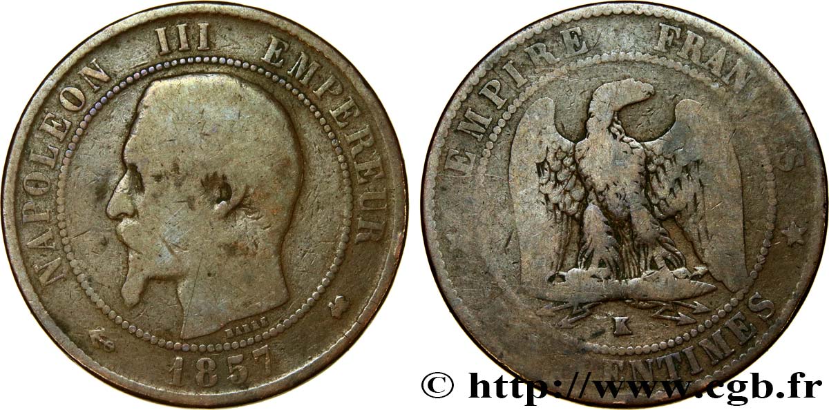 Dix centimes Napoléon III, tête nue 1857 Bordeaux F.133/44 VG8 