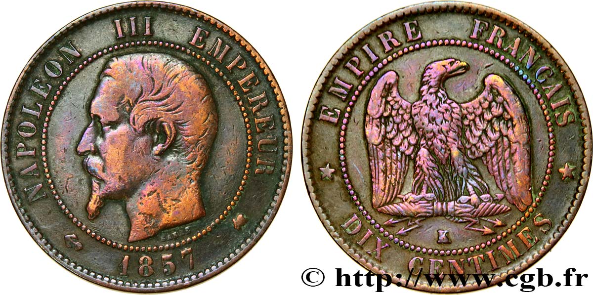 Dix centimes Napoléon III, tête nue 1857 Bordeaux F.133/44 VF 