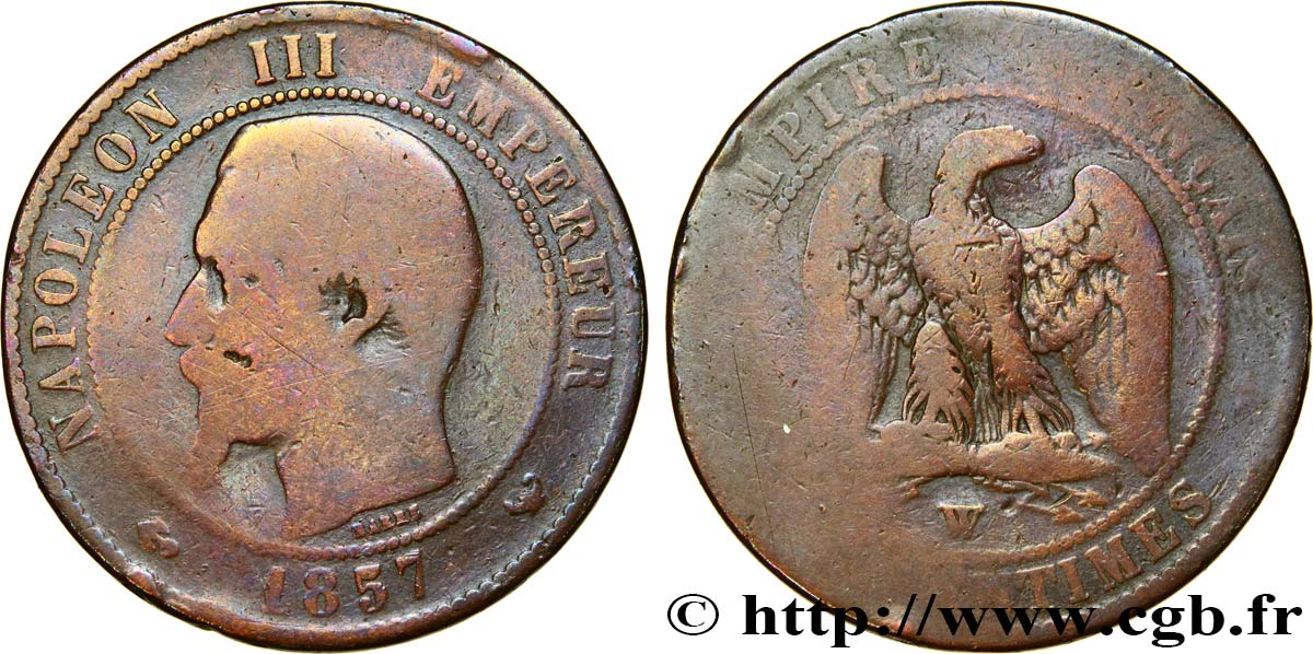 Dix centimes Napoléon III, tête nue 1857 Lille F.133/46 G6 