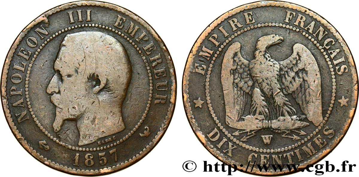 Dix centimes Napoléon III, tête nue 1857 Lille F.133/46 B10 