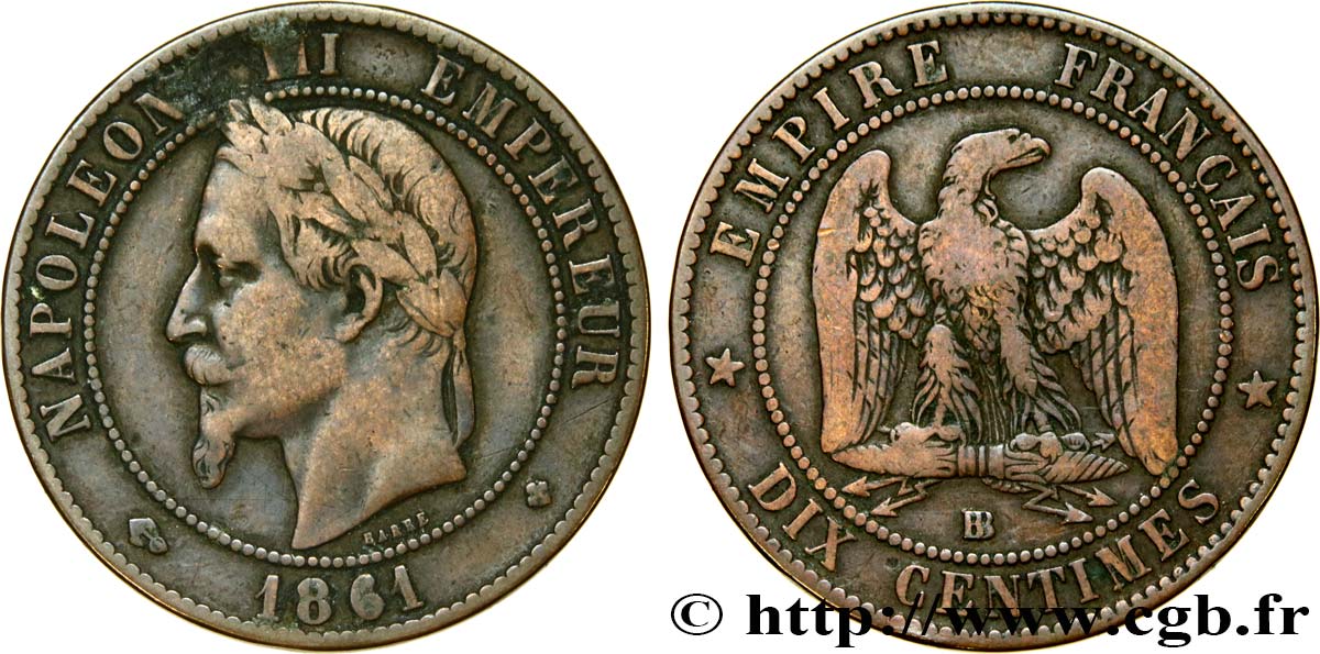 Dix centimes Napoléon III, tête laurée 1861 Strasbourg F.134/5 S15 