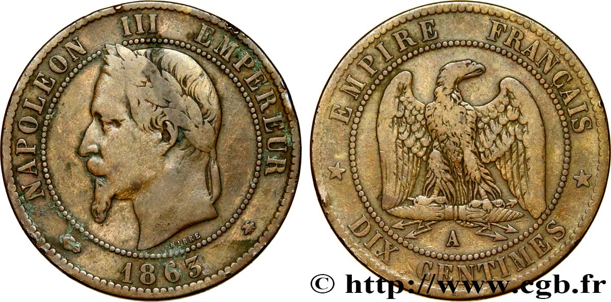 Dix centimes Napoléon III, tête laurée 1863 Paris F.134/10 MB20 