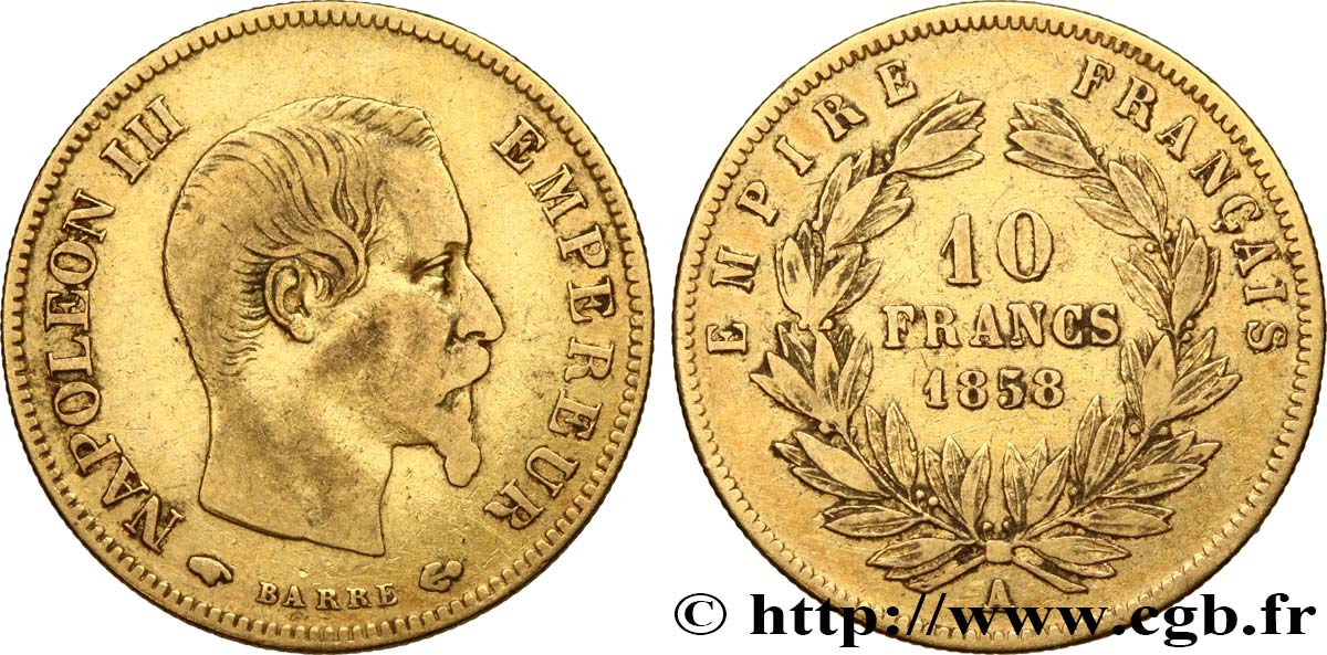 10 francs or Napoléon III, tête nue, grand module 1858 Paris F.506/5 TB25 