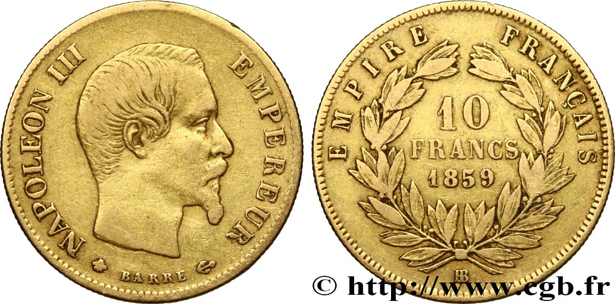 10 francs or Napoléon III, tête nue 1859 Strasbourg F.506/8 VF30 