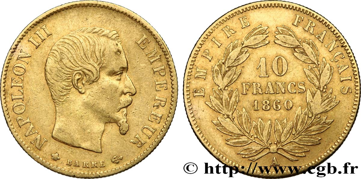 10 francs or Napoléon III, tête nue, grand module 1860 Paris F.506/10 XF40 
