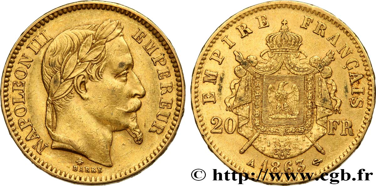 20 francs or Napoléon III, tête laurée 1863 Paris F.532/6 AU50 