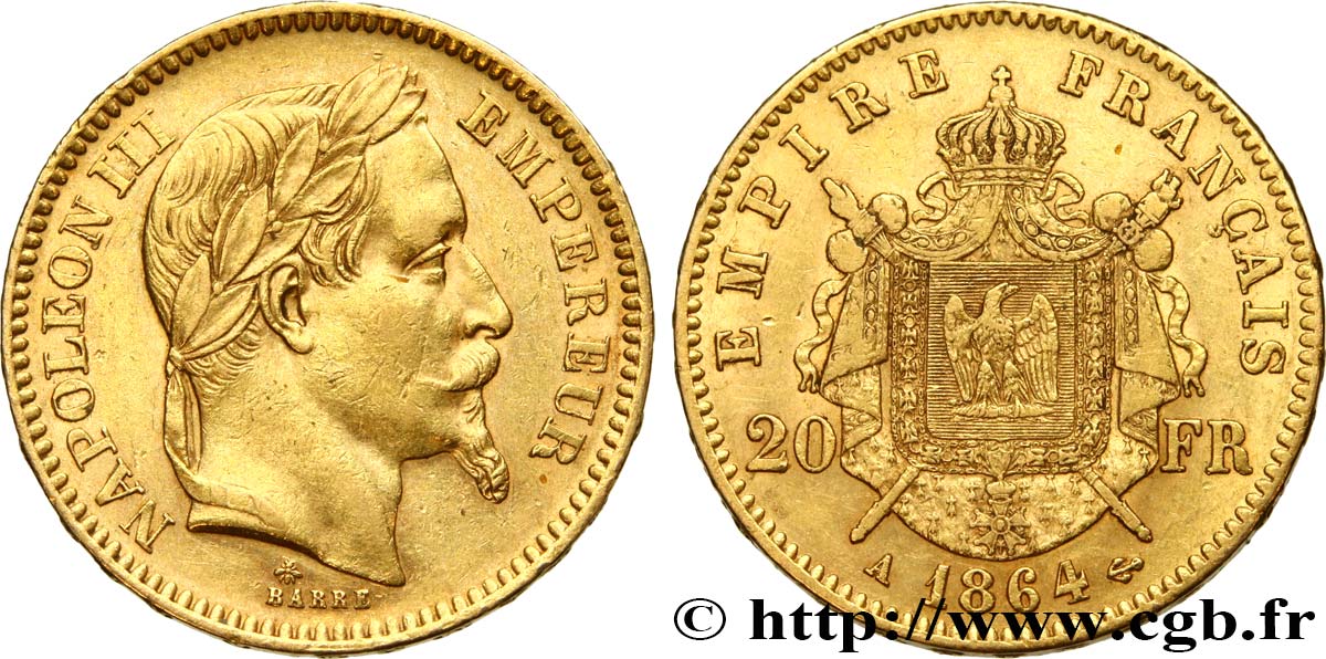 20 francs or Napoléon III, tête laurée 1864 Paris F.532/8 SS48 