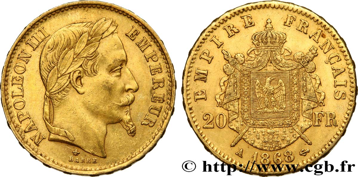 20 francs or Napoléon III, tête laurée 1868 Paris F.532/18 BB50 